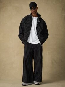 Emperor Men's Loose Striped Casual Suit Pants With Pockets - Black and White - View 4