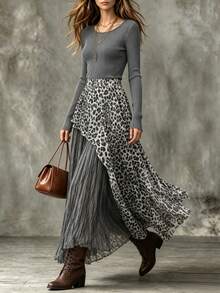 Trelyra Women's Fashion Elegant Casual Vacation Round Neck Long Sleeve Top And Patchwork Leopard Print Skirt Set - Dark Grey - View 5