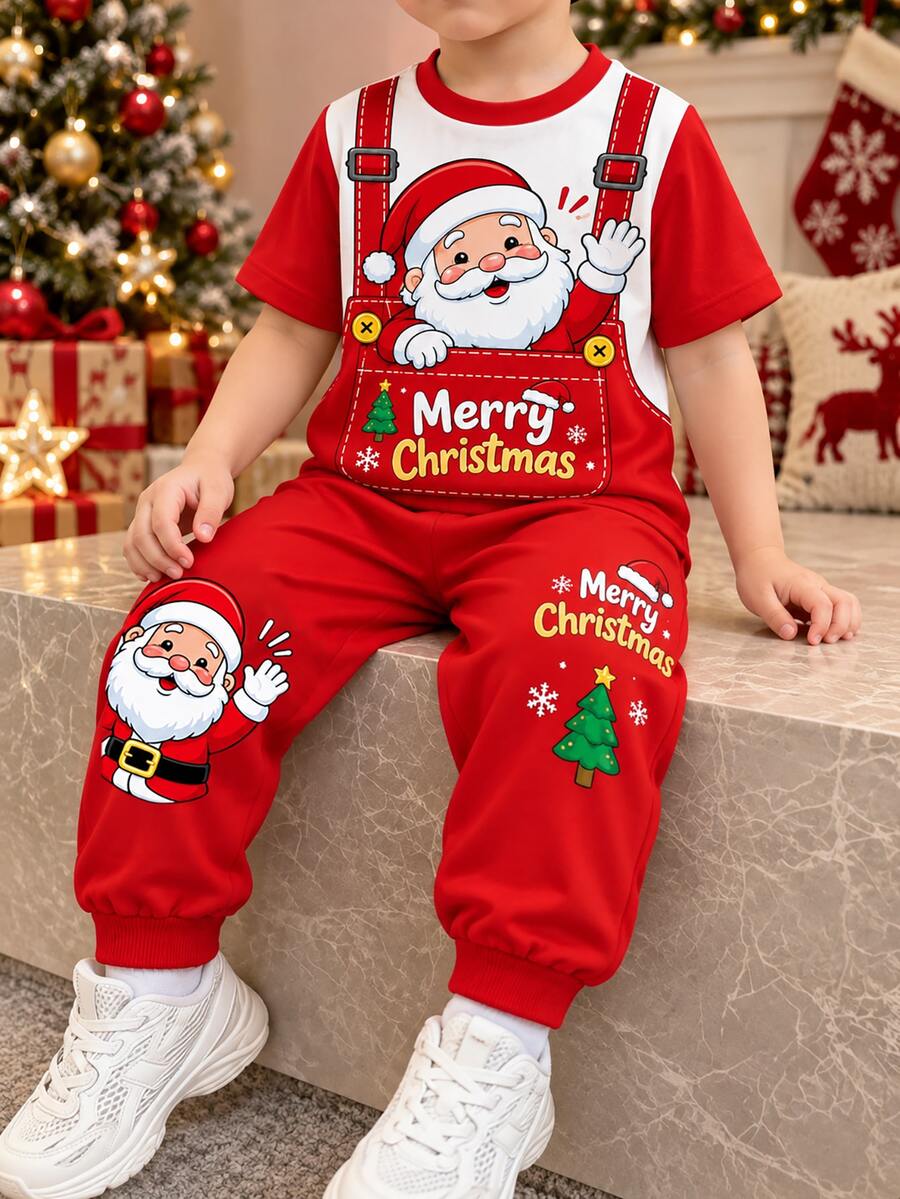Boys T-Shirt Set, Red And White Short Sleeve Top With Faux Suspenders ...