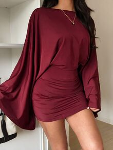 Aloruh 女款秋冬上鬆下緊喇叭袖露背迷你洋裝 - 酒紅色 - 查看 6