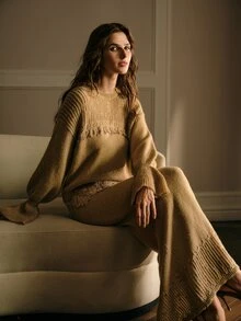 MOTF PREMIUM WOMEN'S ROUND NECK DROP SHOULDER LONG SLEEVE CONTRAST LACE SWEATER AND KNIT SKIRT ELEGANT SET - Apricot - View 3