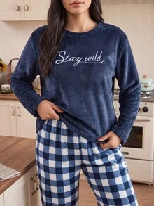 Doze Lane Autumn/Winter Flannel Pajama Set With Letter Embroidery And Plaid Pattern, Plus Size - Navy Blue - View 6