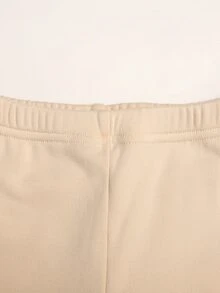 SHEIN 女童秋冬保暖加絨喇叭長褲，垂直羅紋彈性面料，毛絨蕾絲下擺設計，鬆緊腰長褲，厚羊羔絨保暖內裡，柔軟親膚，修身顯腿型，百搭休閒兒童喇叭褲 - 杏色 - 查看 3