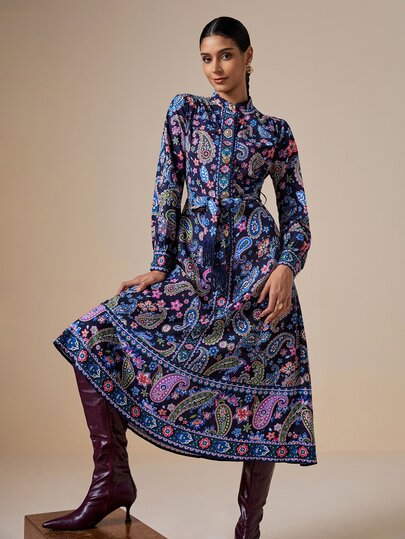 LOTSLUV Women's Autumn Elegant Deep Blue Paisley Print Stand Collar Long Sleeve Cinched Cinched Waist Tassel Printed Dress