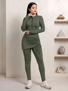 Veilorie Women's Zip-Up Long Sleeve Top And Drawstring Skort Sports Set - Army Green - View 4