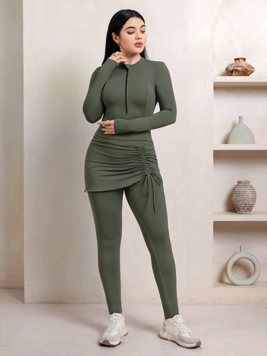 Veilorie Women's Zip-Up Long Sleeve Top And Drawstring Skort Sports Set - Army Green - View 1