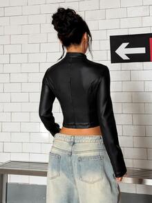 Jeanoix Jaket Kulit Imitasi Berlapis Gaya Punk Y2K untuk Wanita - Hitam - View 2