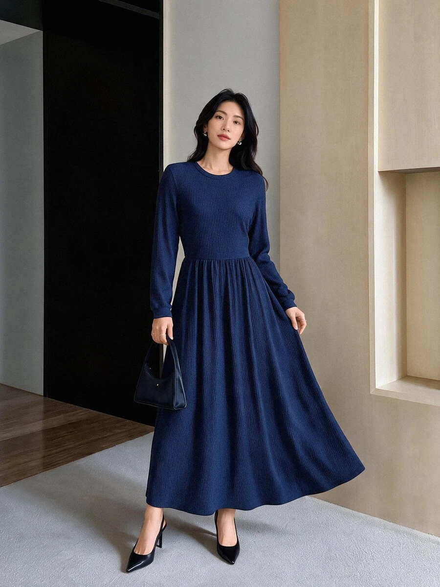 Yumoku Women's Solid Color Pleated Casual Party Summer Midi Dress - Navy Blue - View 1