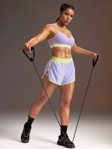 Powerista Women's Colorblock Tank Top And Pocket Double Layer Shorts Sports Set - Purple - View 6