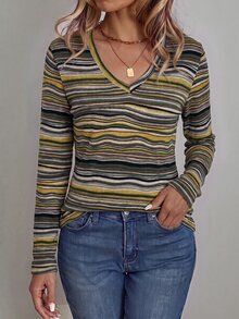 EMERY ROSE 女款條紋V領修身百搭日常休閒長袖T恤 - 彩色 - 查看 4