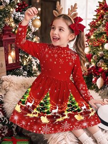 Tween Girl Christmas Tree Print Long Sleeve Dress Party Autumn/Winter - Multicolor - View 2