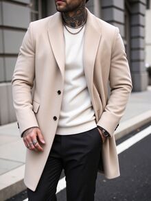Manfinity Homme 男士大尺碼鈕扣前襟長袖口袋簡約休閒大衣，適合外出，送給朋友、丈夫和男友的禮物，秋冬款 - 杏色 - 查看 6