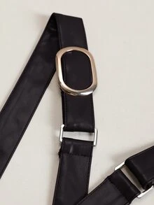 Penseblé Standard Size Women's Brown PU Leather Suspenders High Waist Button-Up Skirt, Street Style Commuter Autumn/Winter Skirt - Black - View 7