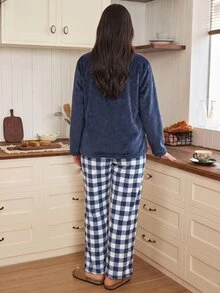 Doze Lane Autumn/Winter Flannel Pajama Set With Letter Embroidery And Plaid Pattern, Plus Size - Navy Blue - View 2