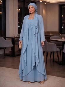 SHEIN Lady فستان ورداء نسائي مقاس كبير مزين بالراين ستون مطوي كاجوال رومانسي أنيق طقم من قطعتين رسمي للزفاف وحفلات الخريف الفاخرة وحفلات التخرج - الأزرق - مشاهدة 8