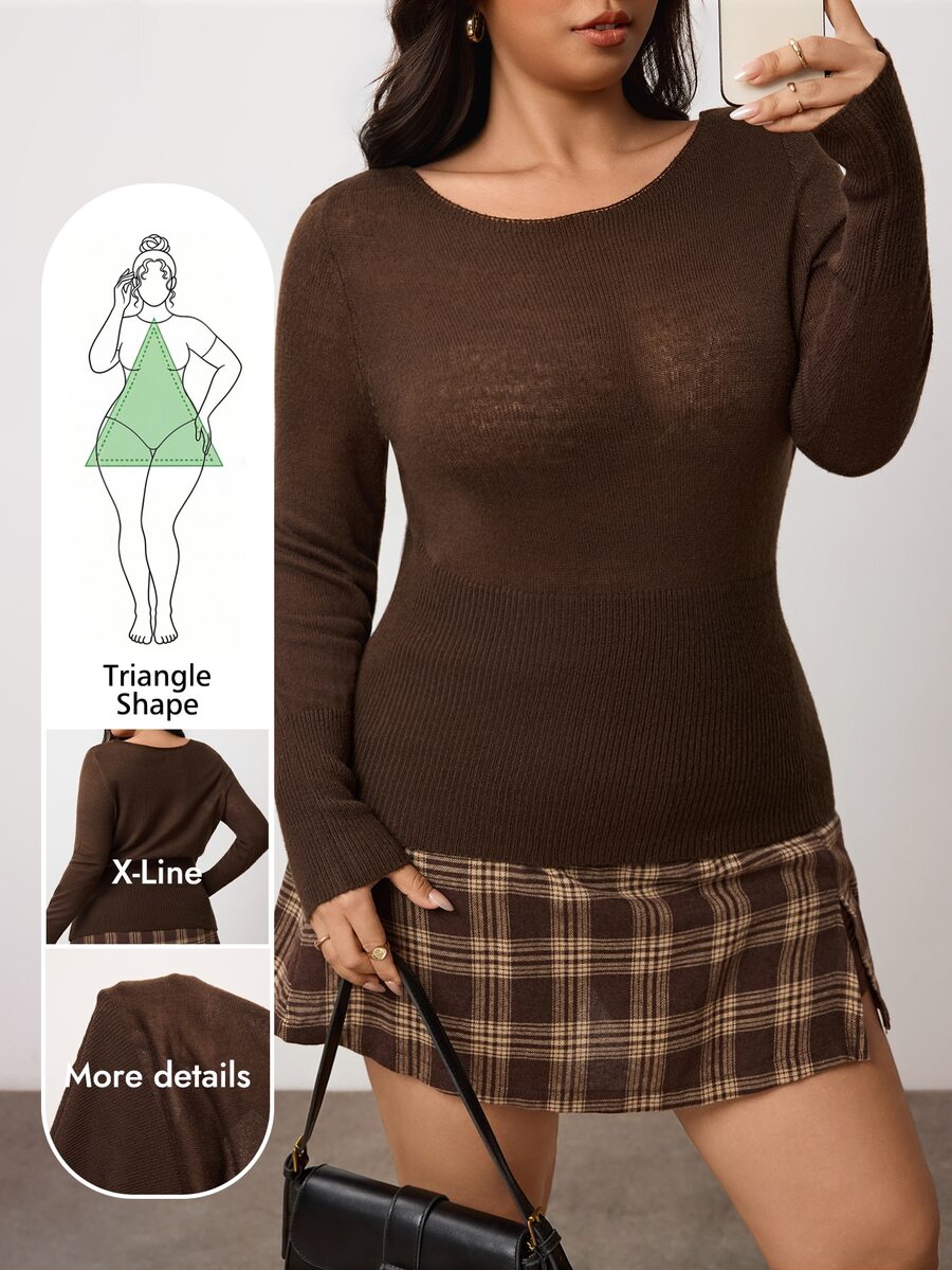 Enliva Plus Size Boat Neck Fitted Waist Sweater For Pear Body - Brown - View 1