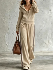 Trelyra Bộ áo hoodie kéo khóa và quần nỉ thể thao phong cách thời trang cá tính, thoải mái cho nữ đi du lịch - Màu Khaki - Xem 5