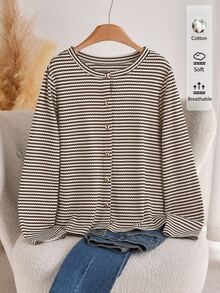 CosyJoli Plus Size Women's Casual Colorblock Striped Cotton T-Shirt, White Top, Button, Metal Buckle, Suitable For Autumn Formal Occasions And Office Wear. - Multicolor - View 1