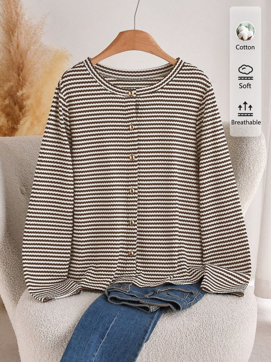 CosyJoli Plus Size Women's Casual Colorblock Striped Cotton T-Shirt, White Top, Button, Metal Buckle, Suitable For Autumn Formal Occasions And Office Wear. - Multicolor - View 1