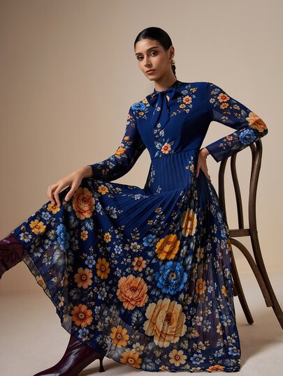LOTSLUV Women's Elegant Autumn Vacation Navy Blue Floral Placement Print Stand Collar Long Sleeve Pleated Print Dress