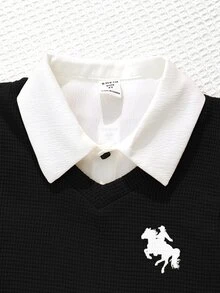SHEIN 兒童3件組小男孩可愛休閒百搭上衣、長袖白色襯衫、休閒長褲套裝，適合生日派對、派對、表演、婚禮 - 黑色 - 查看 4