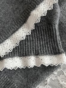 Mori Grove Mori Grove Women's Contrast Lace Long Sleeve Single-Breasted Knit Cardigan And Knit Shorts Casual Set - Grey - View 5