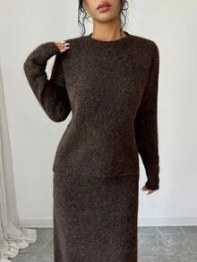 Selianne Women's Autumn/Winter Slouchy Round Neck Knit Sweater & High Waist Long Skirt 2 Pieces Set, Loose Long Sleeve Pullover - Brown - View 7