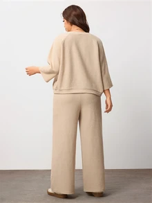 Enliva Plus Size Knit Two Pieces Set With Wide Leg Pants For Pear Body - Khaki - View 2