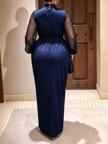 Cravure Plus Size Satin Contrast Mesh Long Sleeve Party Dress With Front Slit - Navy Blue - View 2