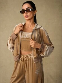 Emperor Women's Autumn/Winter Velvet Zipper Rhinestone Jacket - Khaki - View 4