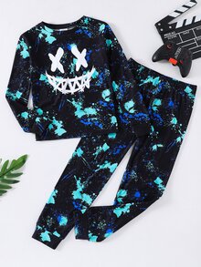 SHEIN 青少年男孩休閒舒適卡通印花上衣與修身長褲睡衣套裝 - 彩色 - 查看 8