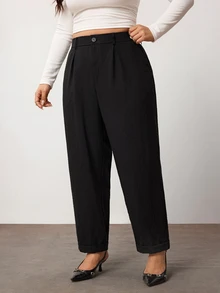 Enliva Women Plus Size Linen-Blend Trousers, High-Waisted Relaxed Straight-Leg Pants With Front Pleats, Elastic Back Waist And Cuffed Hem, Fall/Winter Pant - Black - View 3