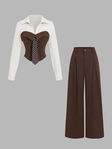 Sweetra Colorblock Long Sleeve 2 In 1 Bandeau Blouse & Loose Straight Leg Pants, Elegant Commute Office Women's Suit Two Pieces Set, Spring/Autumn - Brown - View 1