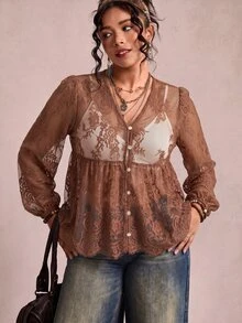 Freevana 大尺碼女款蕾絲貝殼鈕扣透視襯衫，燈籠袖寬鬆上衣，白色夏季波西米亞度假罩衫，單身派對下午茶派對上衣，秋季款 - 鏽棕色 - 查看 6