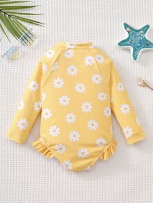 Cozy Pixies Baby Girl Floral Print Long Sleeve Zipper Swimsuit For Beach Vacation - Mustard Yellow - View 2