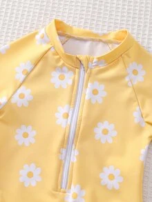 Cozy Pixies Baby Girl Floral Print Long Sleeve Zipper Swimsuit For Beach Vacation - Mustard Yellow - View 5