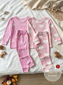 4件組女童幼兒時尚簡約蝴蝶結與愛心印花圓領套頭長袖上衣＋長褲套裝，針織面料，舒適柔軟高彈力修身居家睡衣 - 彩色 - 查看 2