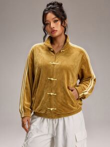 SHEIN BASICS Plus Size Women's Side Stripe Long Sleeve Button-Front Casual Jacket - Yellow - View 7