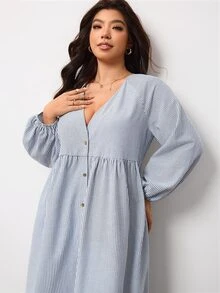 Enliva Plus Size Striped Cotton Blend Button Front Long Sleeve Dress Compatible With Apple Body Round Body - Black and White - View 6