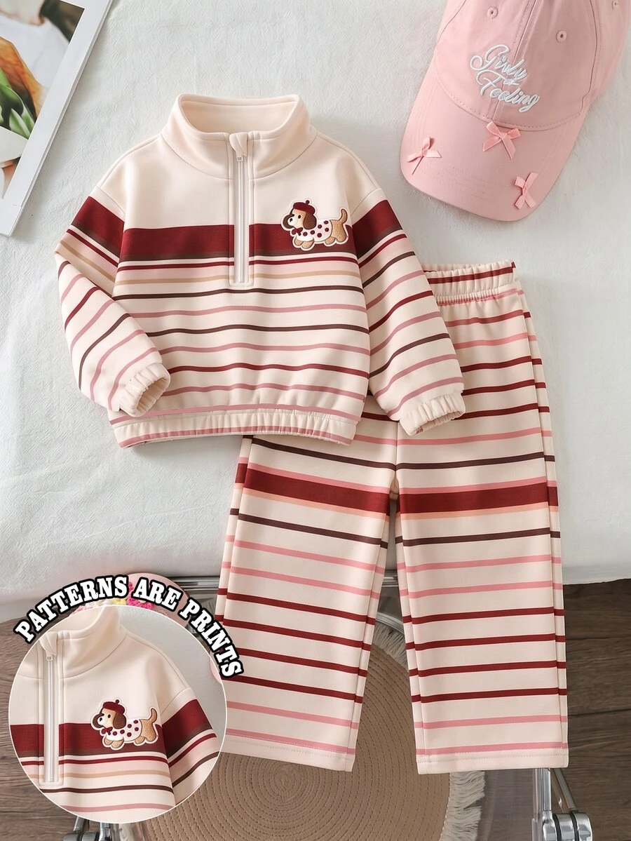 SHEIN 女童卡其棕豹紋保暖內裡兩件套,半拉鍊立領上衣 + 寬腿長褲,加厚保暖內裡 - 彩色 - 查看 1