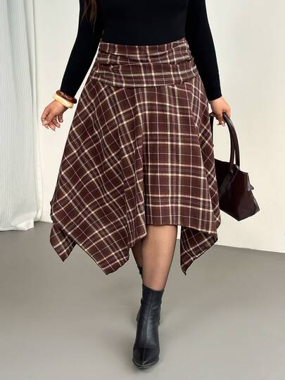 Auralis Brauner/Blauer karierter Rock in Große Größen mit geraffter Taille, asymmetrischem Saum, aus Verbundstoff, lässiger Streetwear, Herbst/Winter