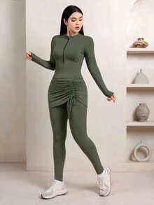 Veilorie Women's Zip-Up Long Sleeve Top And Drawstring Skort Sports Set - Army Green - View 3