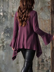 Linhara CURVE Women's Plus Size Brushed Ribbed Long Sleeve V-Neck Bell Sleeve Asymmetrical Hem Mid-Length Slimming Top, Casual T-Shirt For Autumn/Winter Fall - Brown - View 2