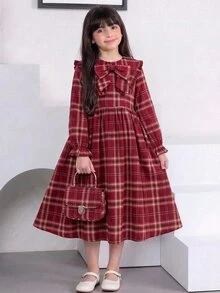 SHEIN Tween Girls Long Sleeve Tween Girl Plaid Cinched Waist Bow Exaggerated Collar Long Dress Autumn/Winter - Burgundy - View 1