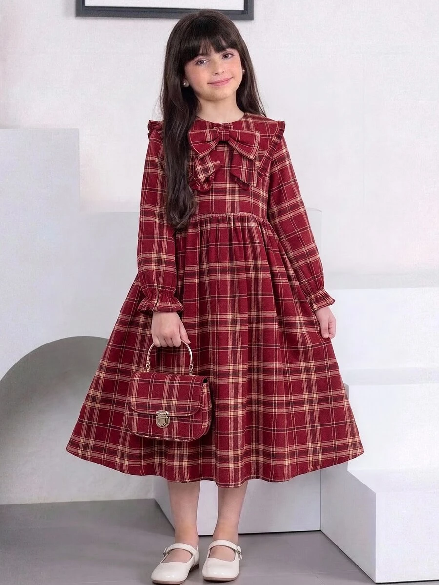 SHEIN Tween Girls Long Sleeve Tween Girl Plaid Cinched Waist Bow Exaggerated Collar Long Dress Autumn/Winter - Burgundy - View 1