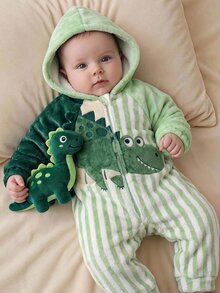 Baby Boy Cartoon Animal Print Long Sleeve Plush Hooded Romper - Green - View 10