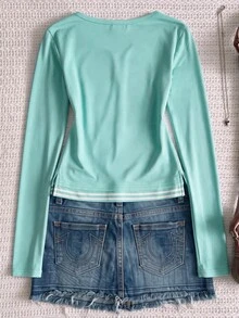 SHEIN Teen Girl Patchwork Striped 2 In 1 Long Sleeve Casual T-Shirt - Multicolor - View 2