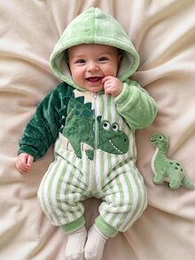 Baby Boy Cartoon Animal Print Long Sleeve Plush Hooded Romper - Green - View 11