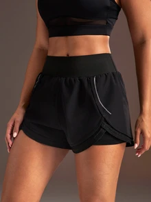 Powerista Women's Elastic Waist Double Layer Sports Shorts - Black - View 1