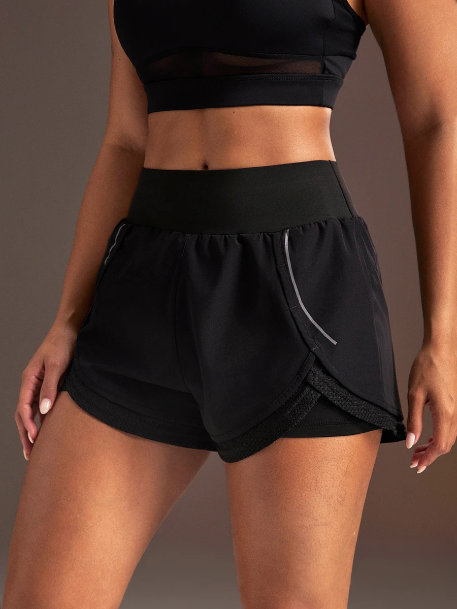 Powerista Women's Elastic Waist Double Layer Sports Shorts - Black - View 1